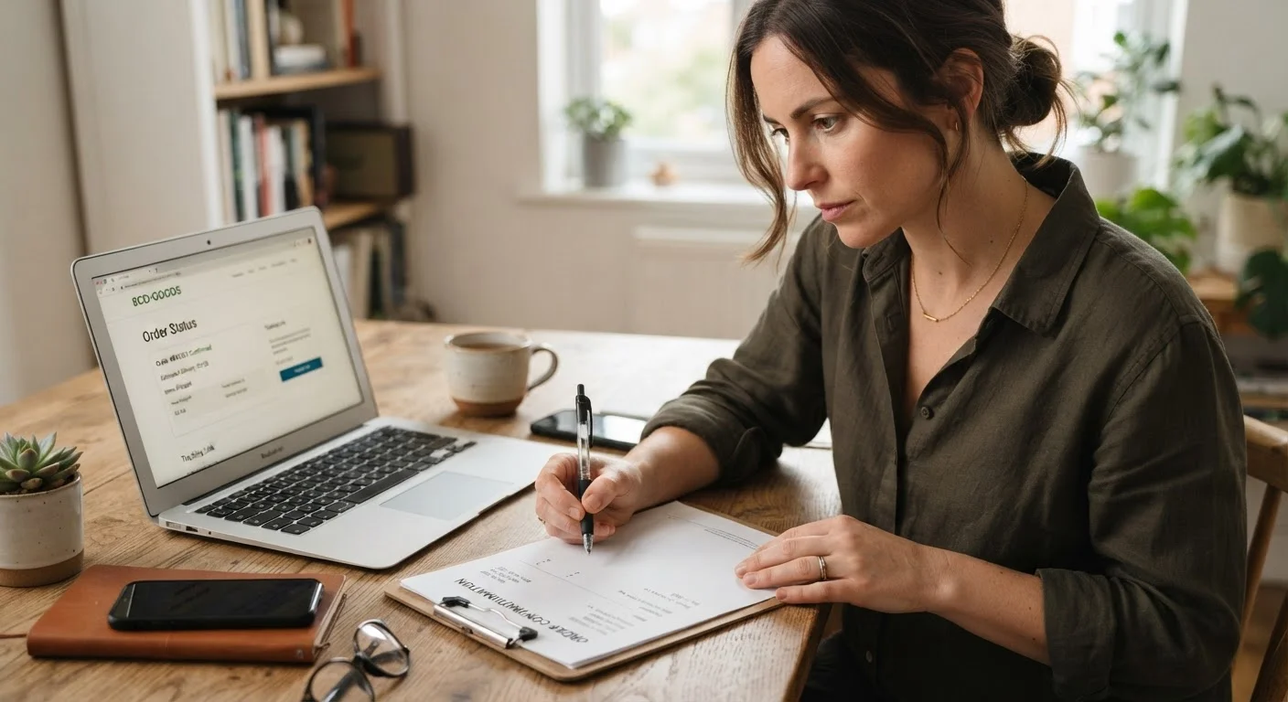 Person carefully reviewing a refund offer document before signing, with laptop nearby
