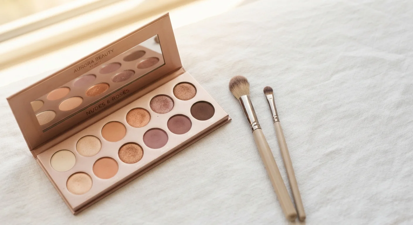 Two makeup brushes and an open eyeshadow palette arranged on a white surface in natural light