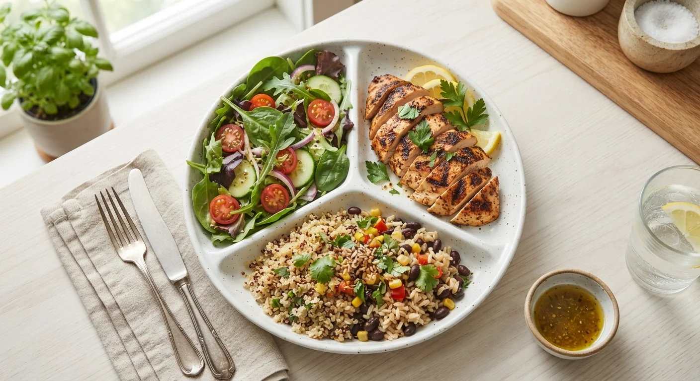 A balanced dinner plate divided into portions of vegetables, protein, and whole grains