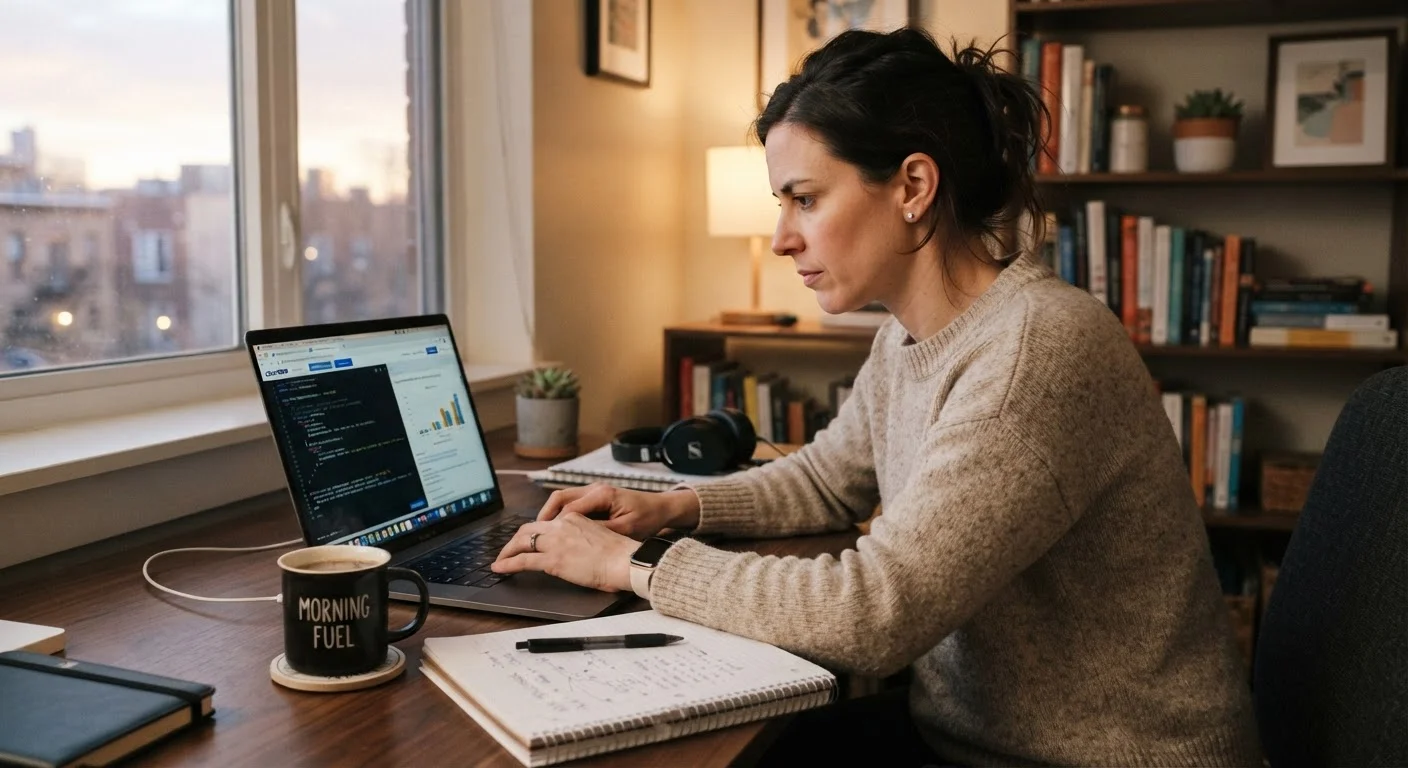 Adult professional studying on a laptop at a desk with notebooks and coffee nearby
