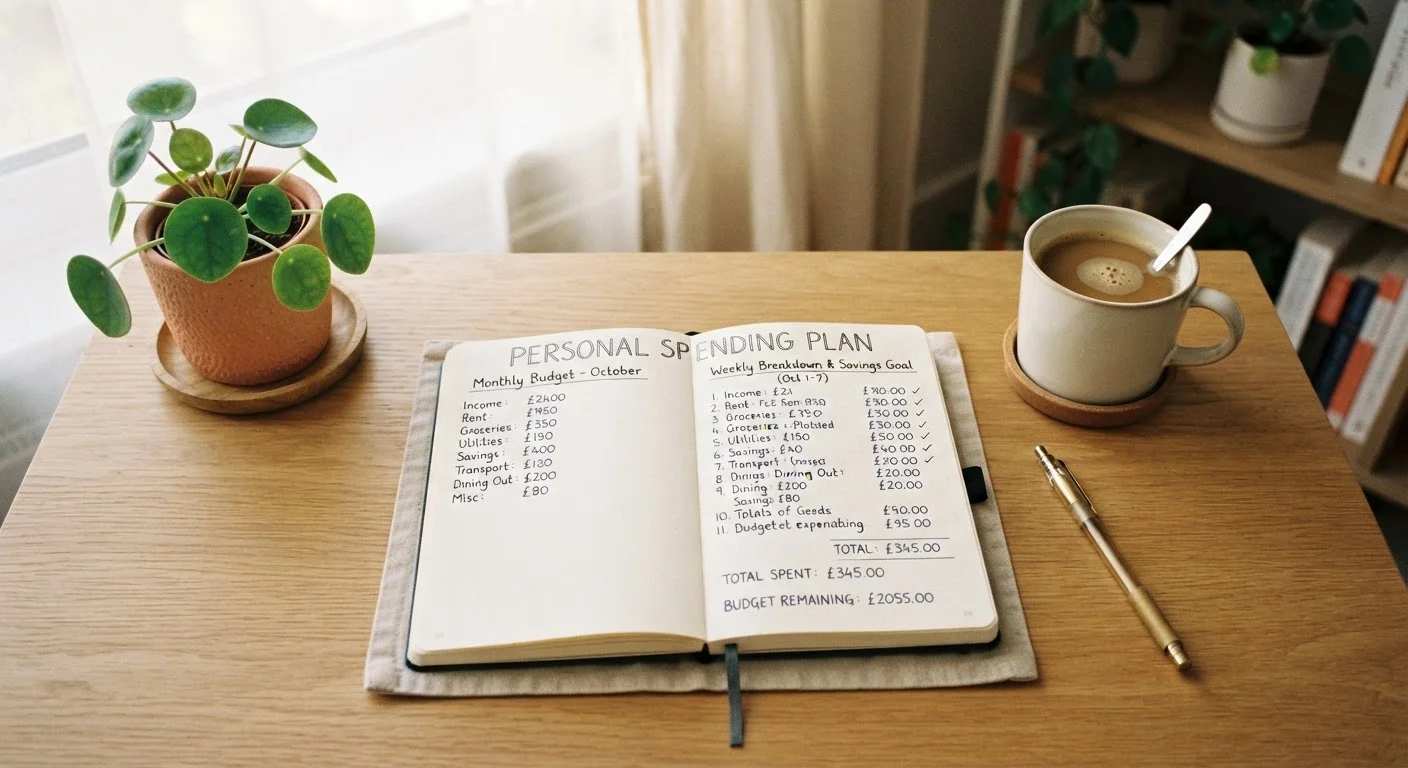 Open notebook with a handwritten spending plan on a tidy home desk with coffee and a pen