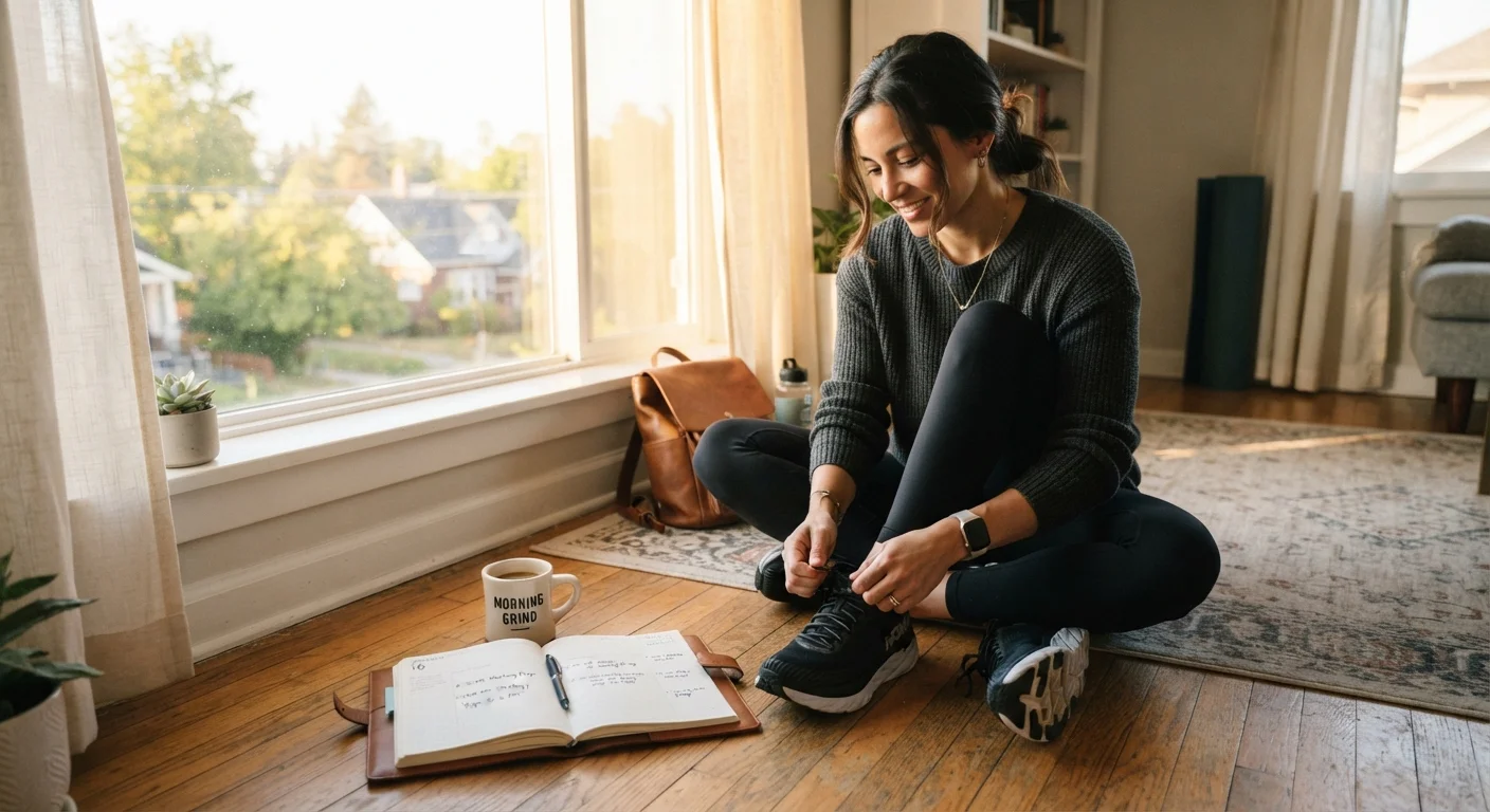 Person lacing up athletic shoes next to a weekly planner and coffee mug in morning light