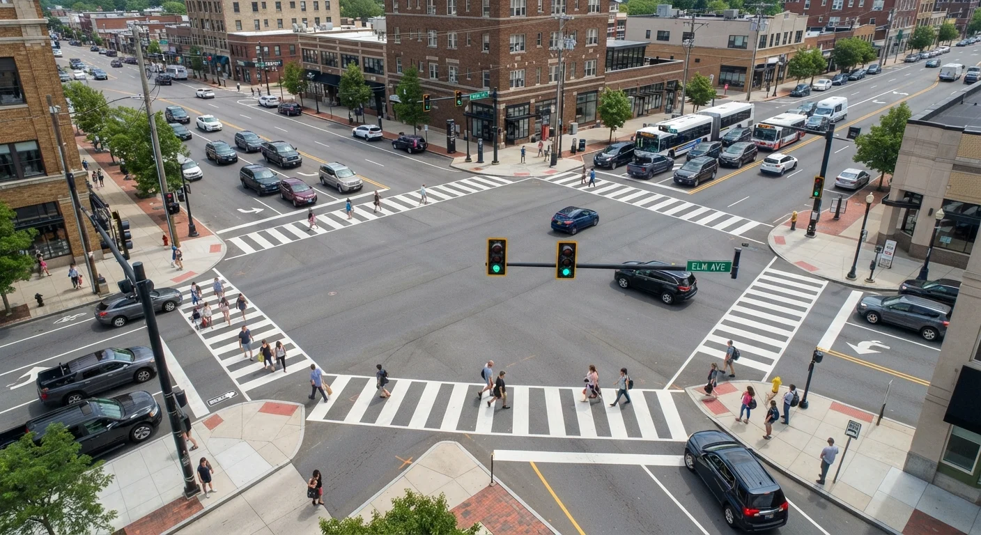 Aerial view of a busy four-way urban intersection with traffic signals and multiple vehicles