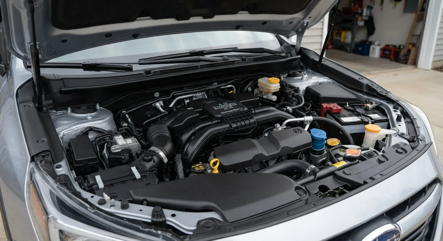 Open car hood showing engine bay with fluid reservoirs and caps clearly visible