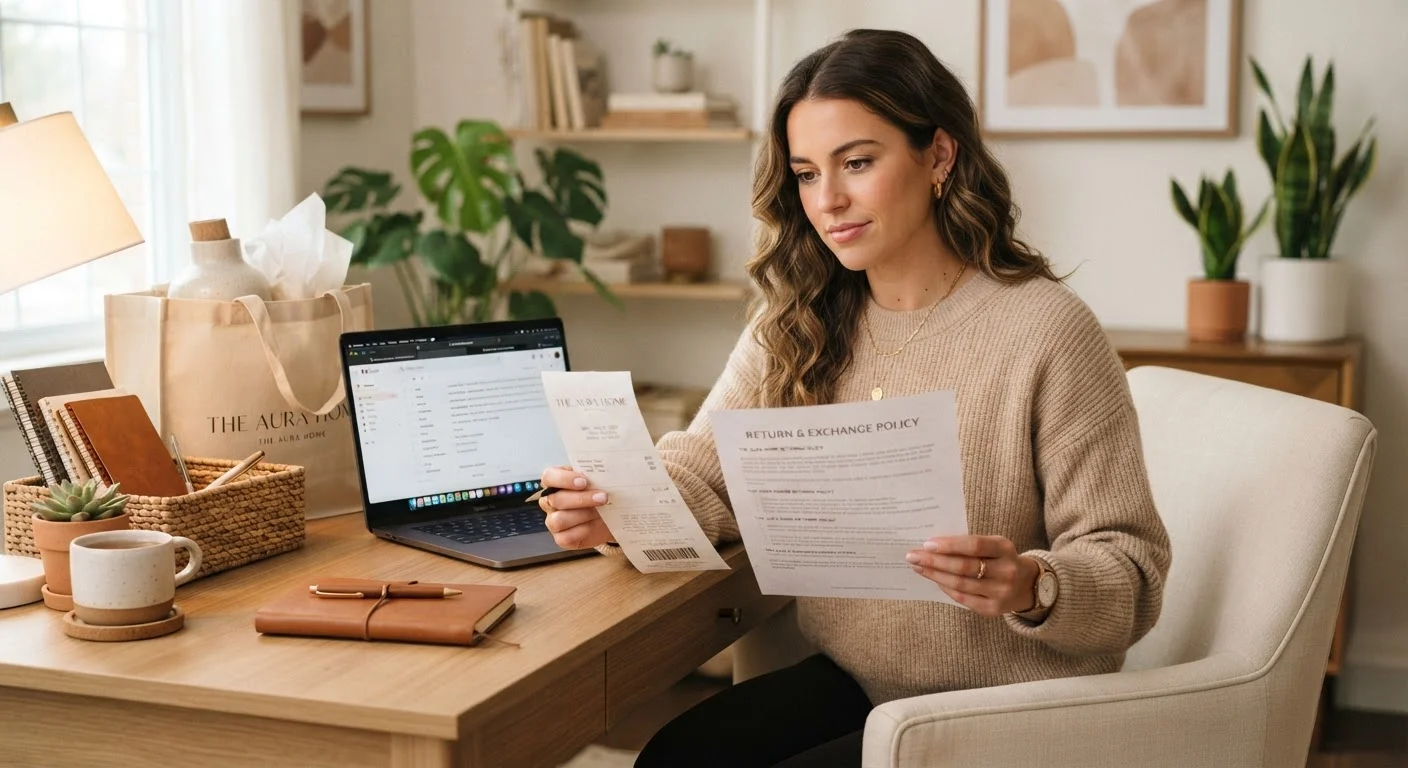Consumer reviewing a return policy document at a desk with a shopping bag and laptop nearby