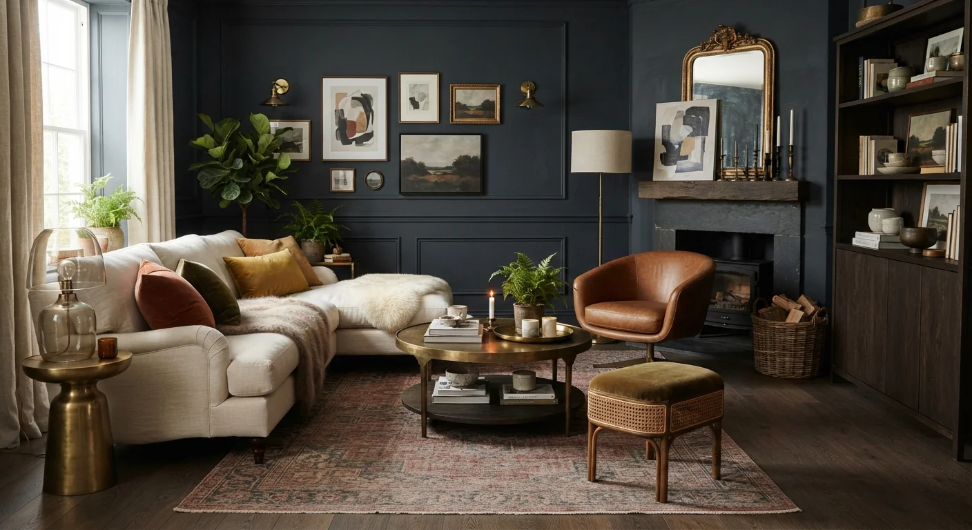 A richly layered living room interior combining deep wall colors, mixed metals, and varied textures