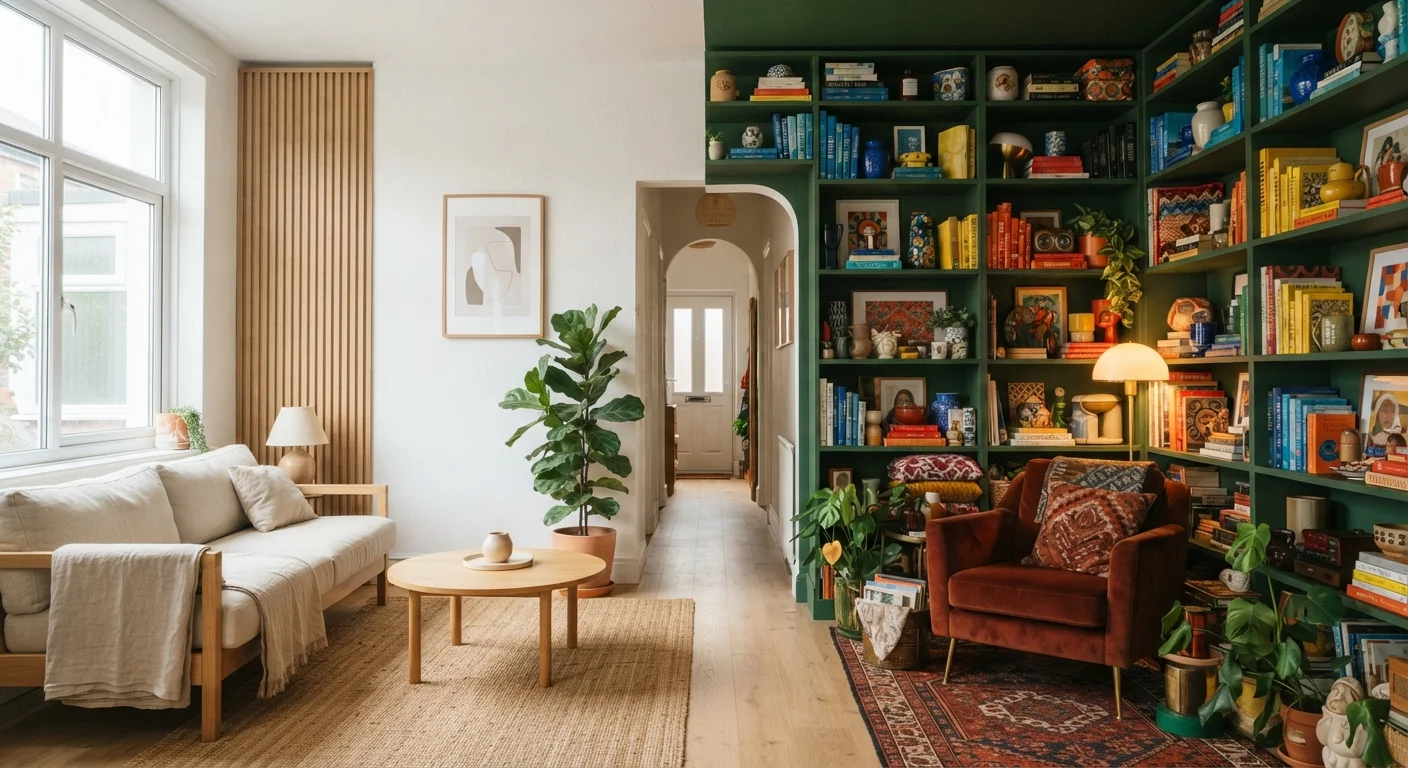 A living room showcasing contrasting minimalist and maximalist interior decorating styles side by side.