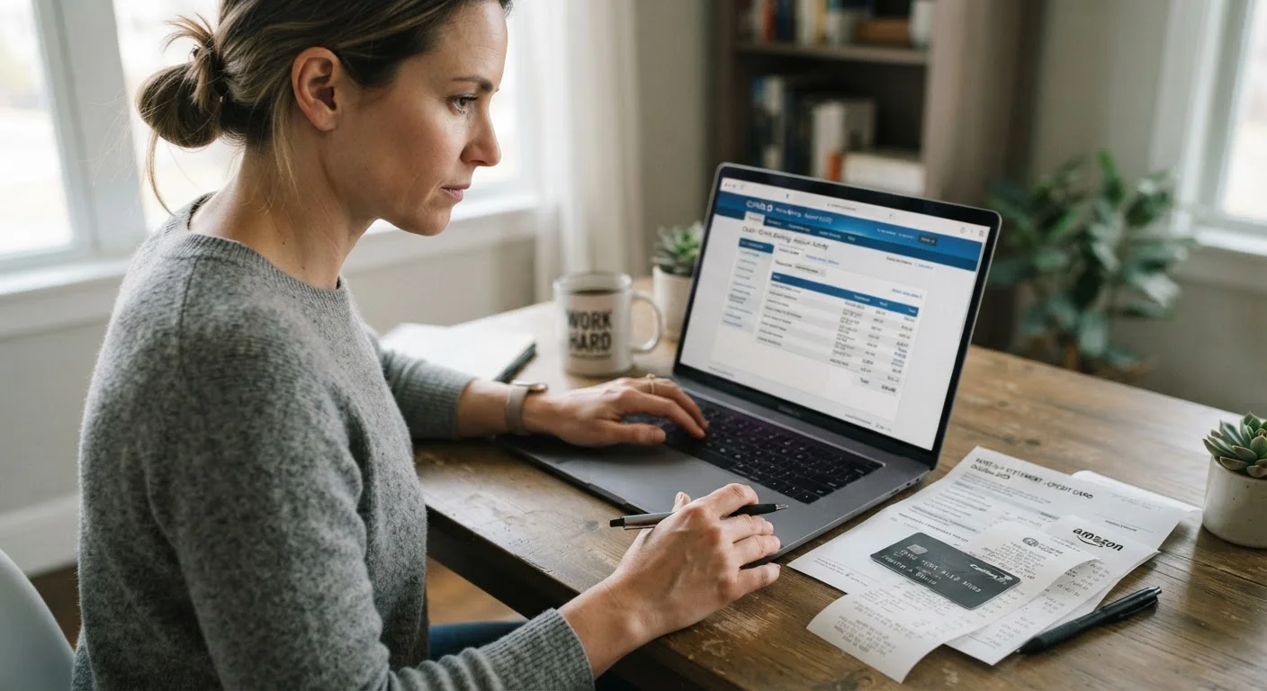 Person reviewing credit card statement on laptop with receipts and card on desk