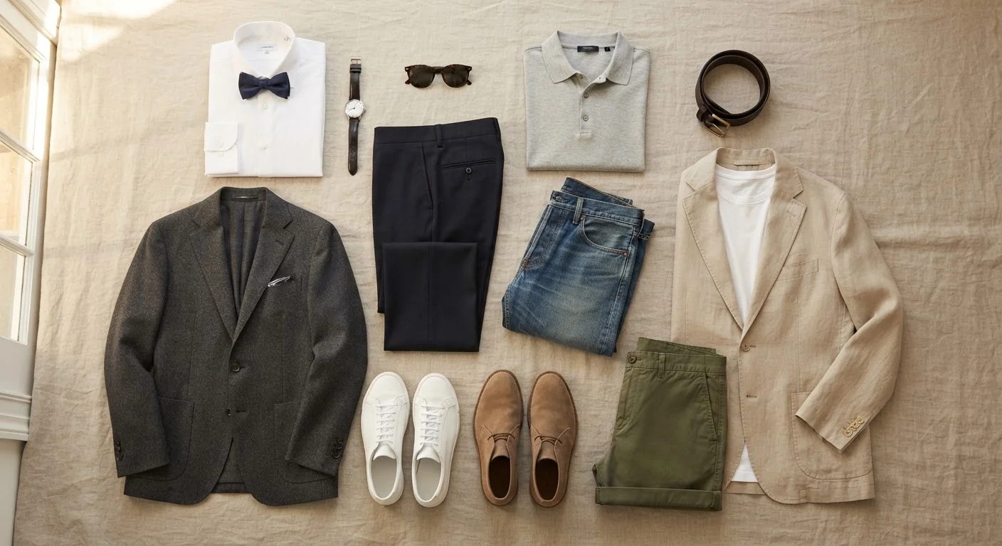 Flat lay of clothing items arranged by formality level from casual to black tie formal