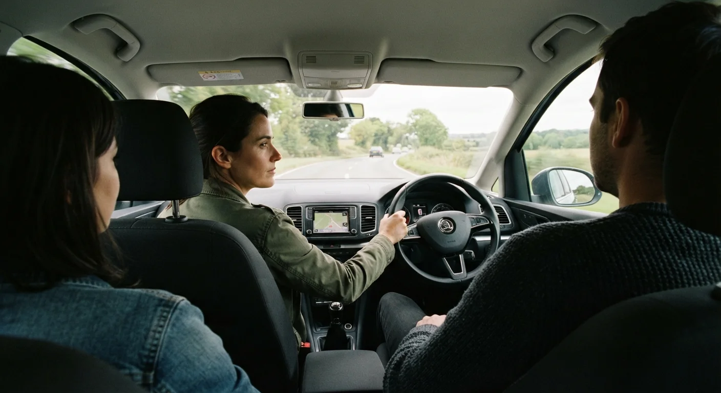 Driver focused on road ahead with passengers visible in the car cabin around them