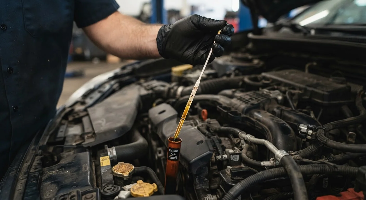 Gloved hand holding an oil dipstick over an open car engine bay showing golden motor oil