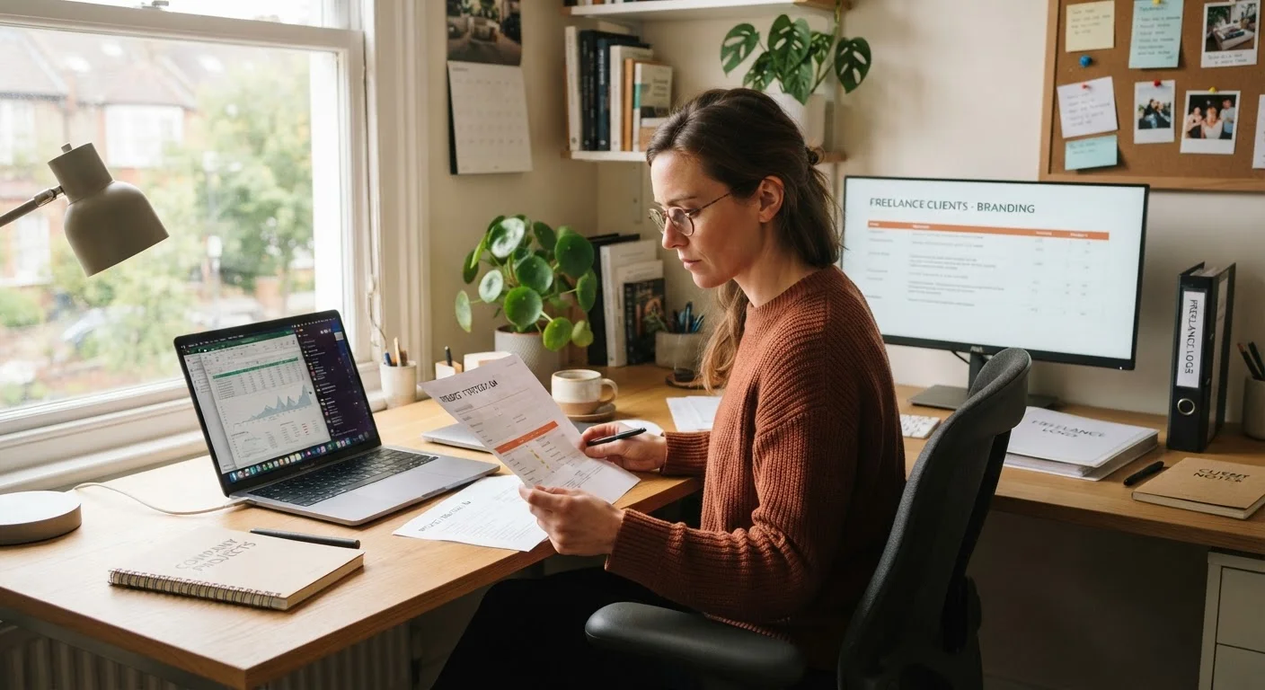A professional working at a home desk on a laptop surrounded by documents and notes.