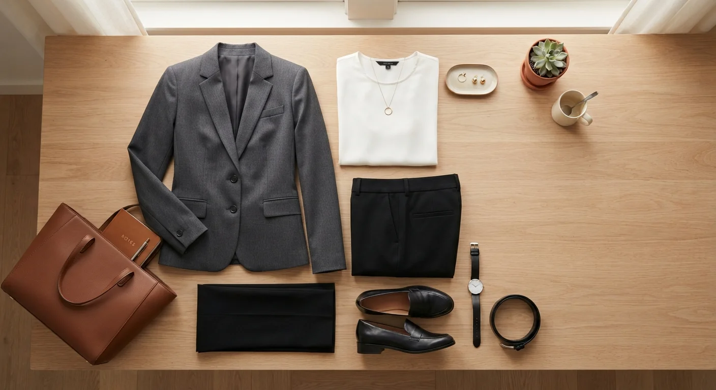 A well-organized interview outfit laid flat, including a blazer, blouse, and trousers