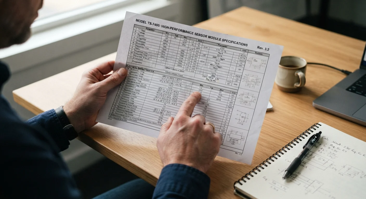 Person reviewing a printed product specification sheet with technical data at a desk.