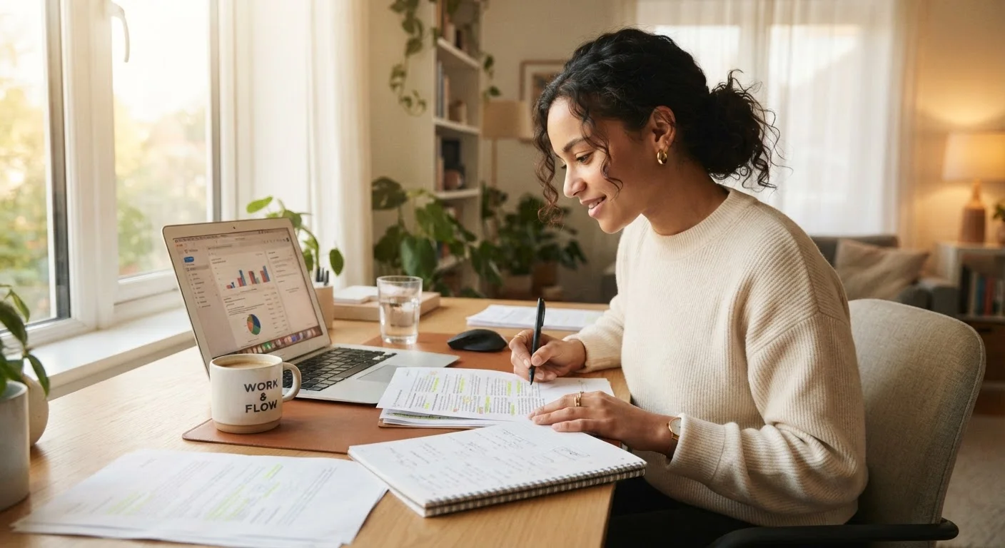 A first-time job seeker reviewing notes and documents at a tidy desk with a laptop
