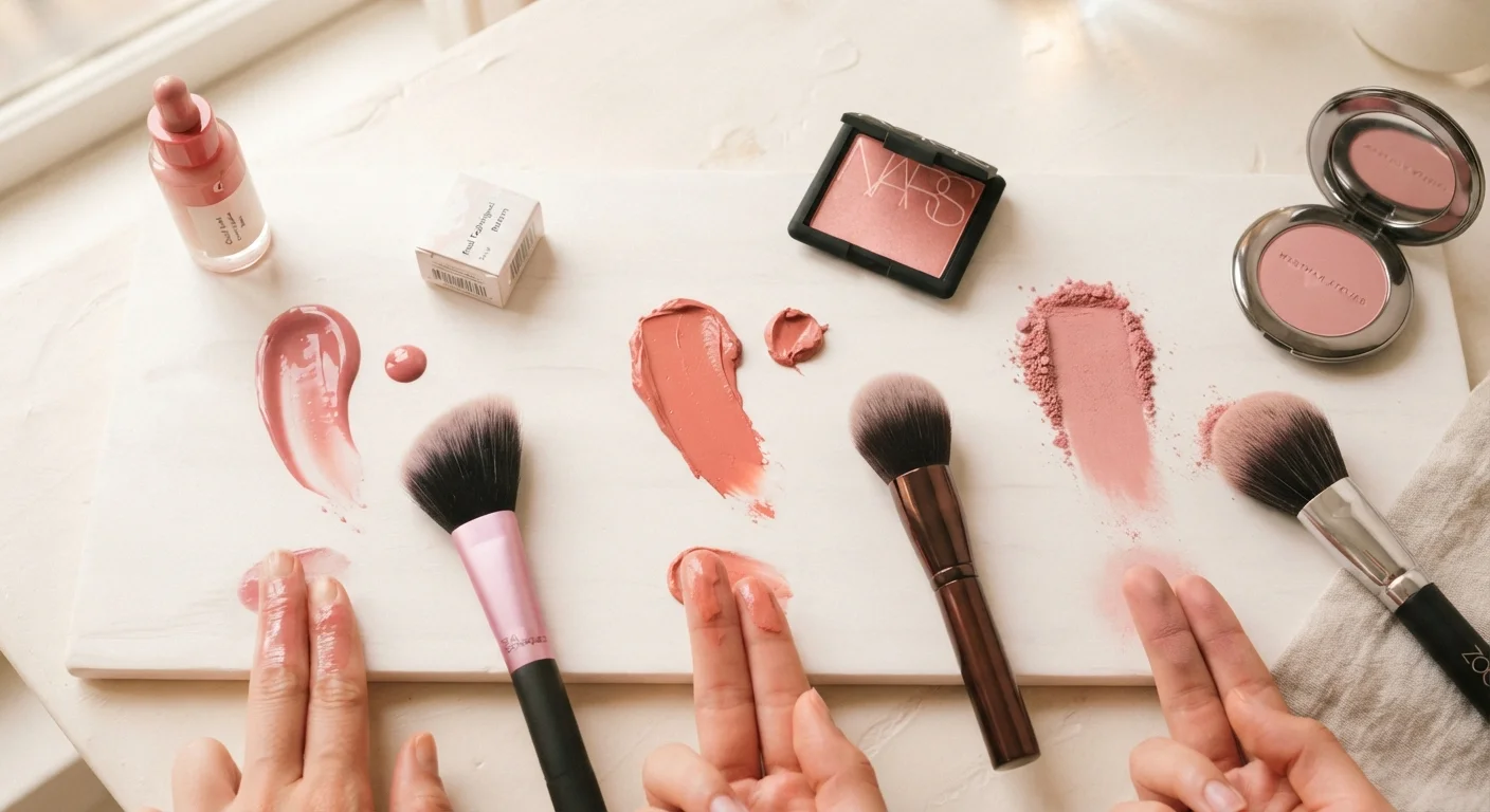 Liquid, Powder, and Cream Blush Side by Side