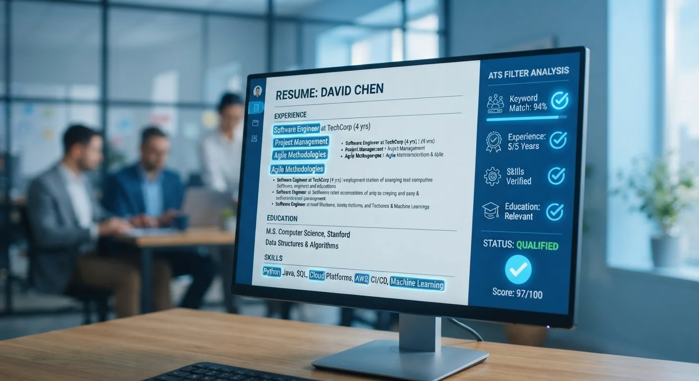 Computer screen showing a resume being scanned by applicant tracking system software with keyword highlights