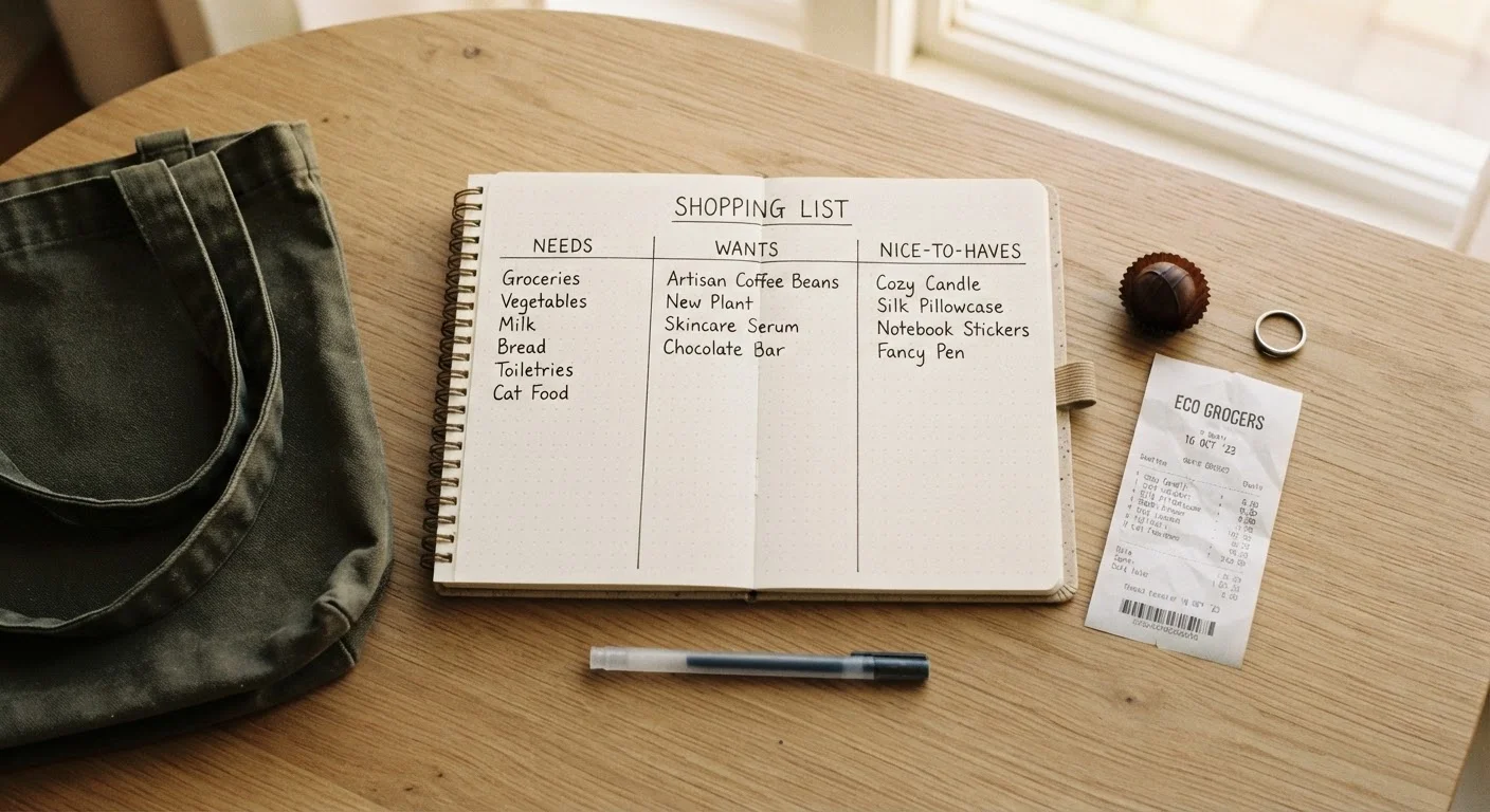 Open notebook with three-column purchase framework list surrounded by everyday shopping items