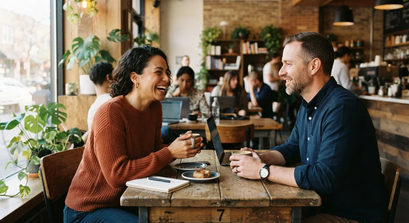 Two professionals having a relaxed, genuine conversation at a casual coffee meeting