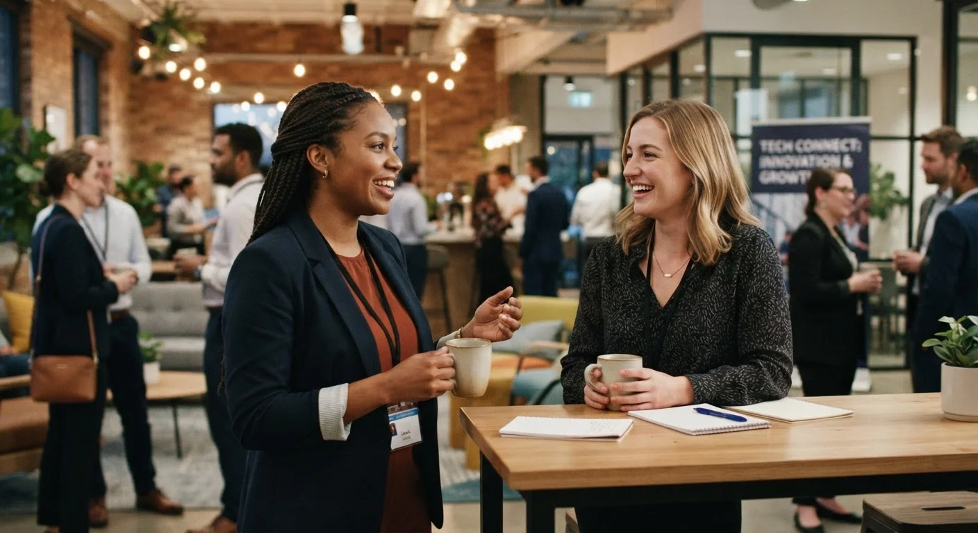 Two professionals having a genuine conversation at a networking event with coffee cups