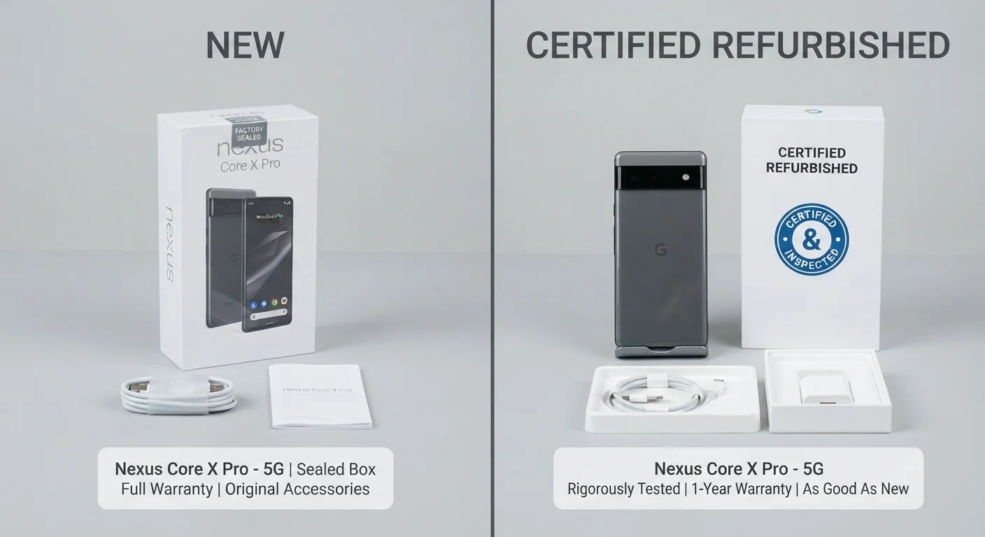 A new boxed product displayed alongside a certified refurbished version of the same device