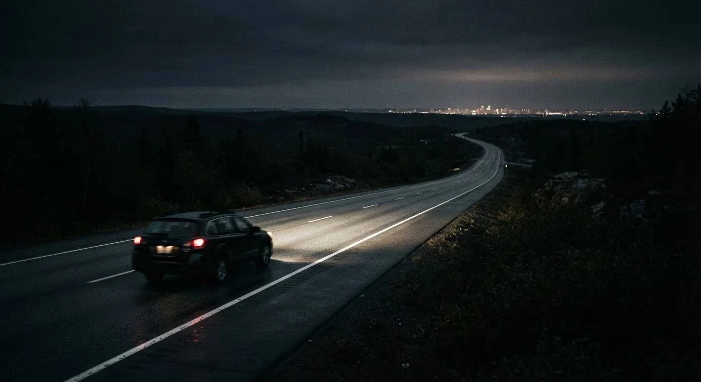 A car driving alone on a dark highway at night with headlights on