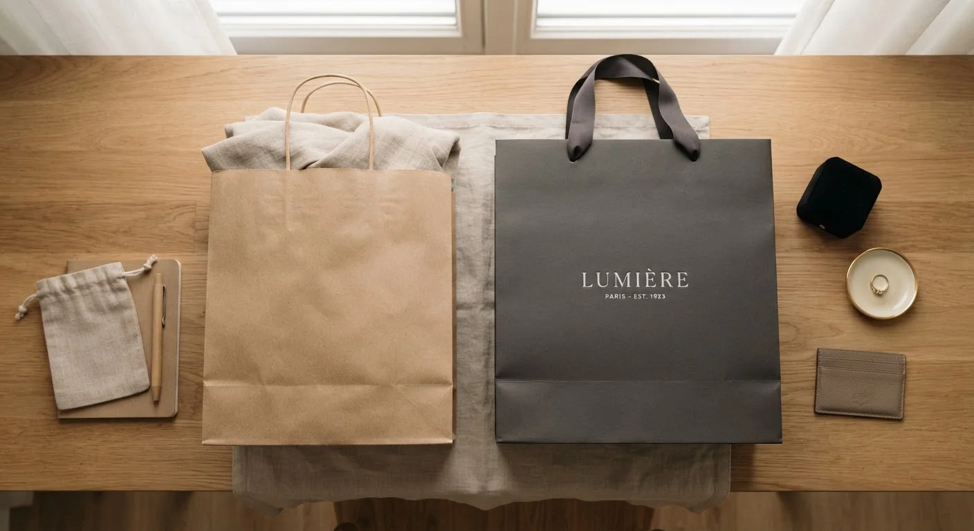 Two shopping bags representing different price tiers placed side by side on a wooden table