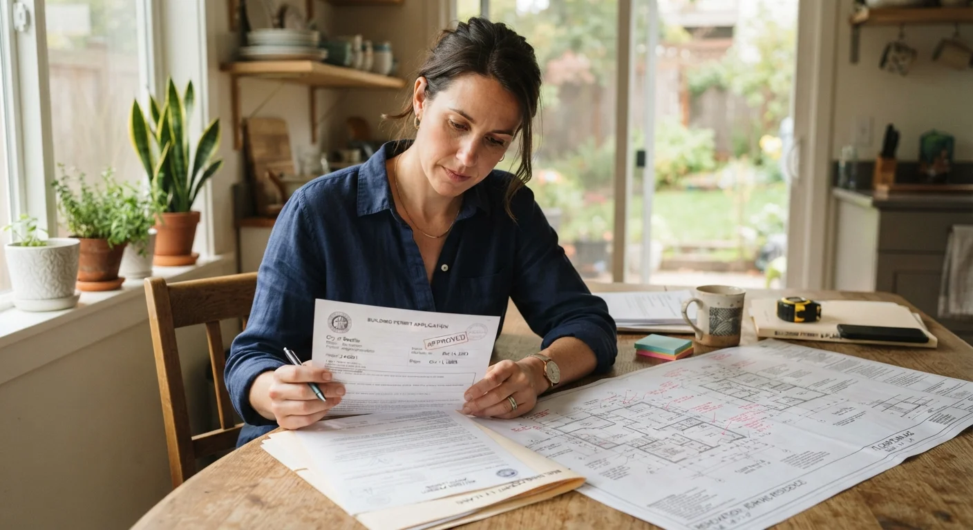 Homeowner reviewing building permit paperwork with renovation blueprints on a table