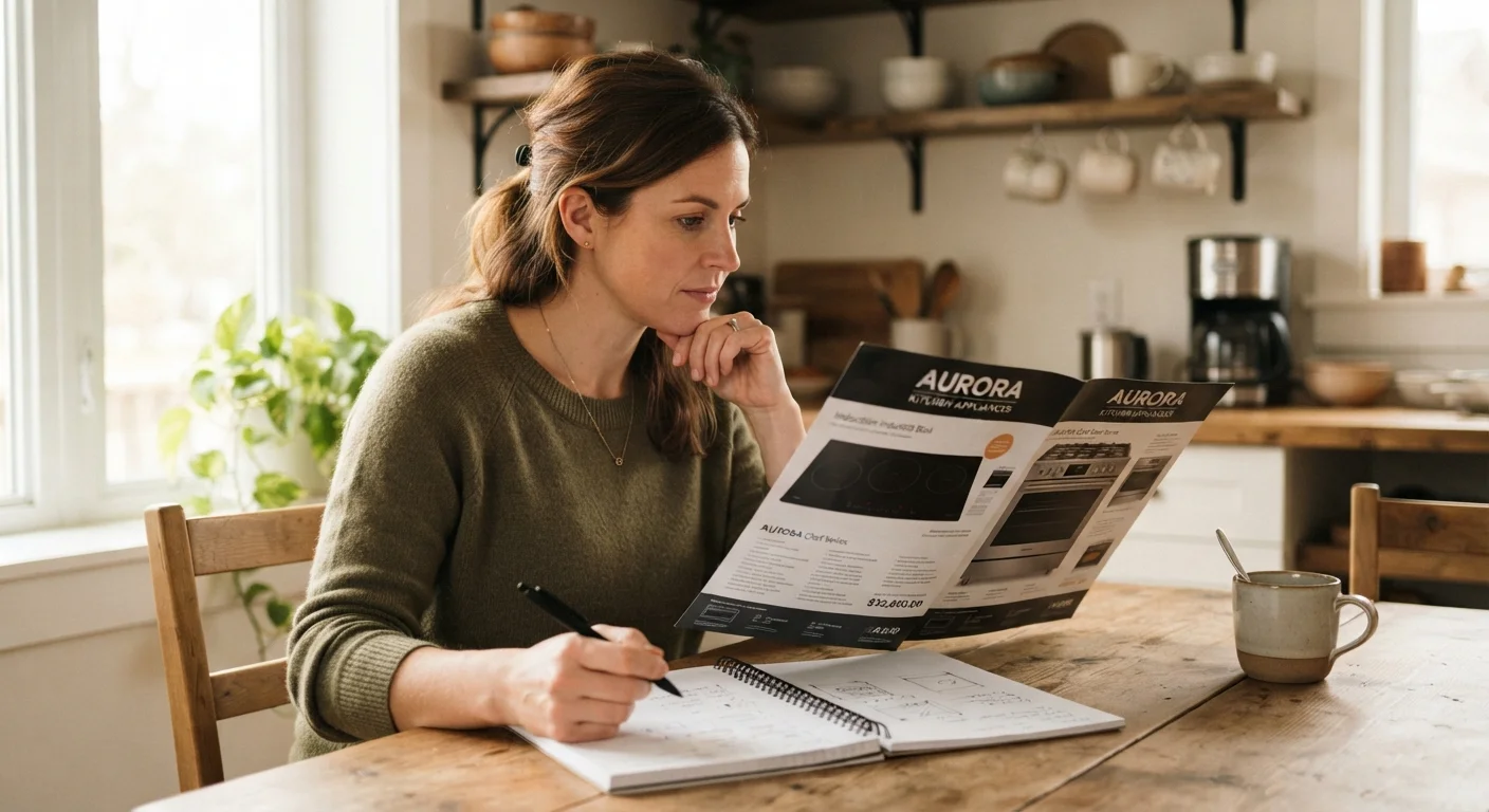 Person reviewing product information at a kitchen table before making a major purchase decision.