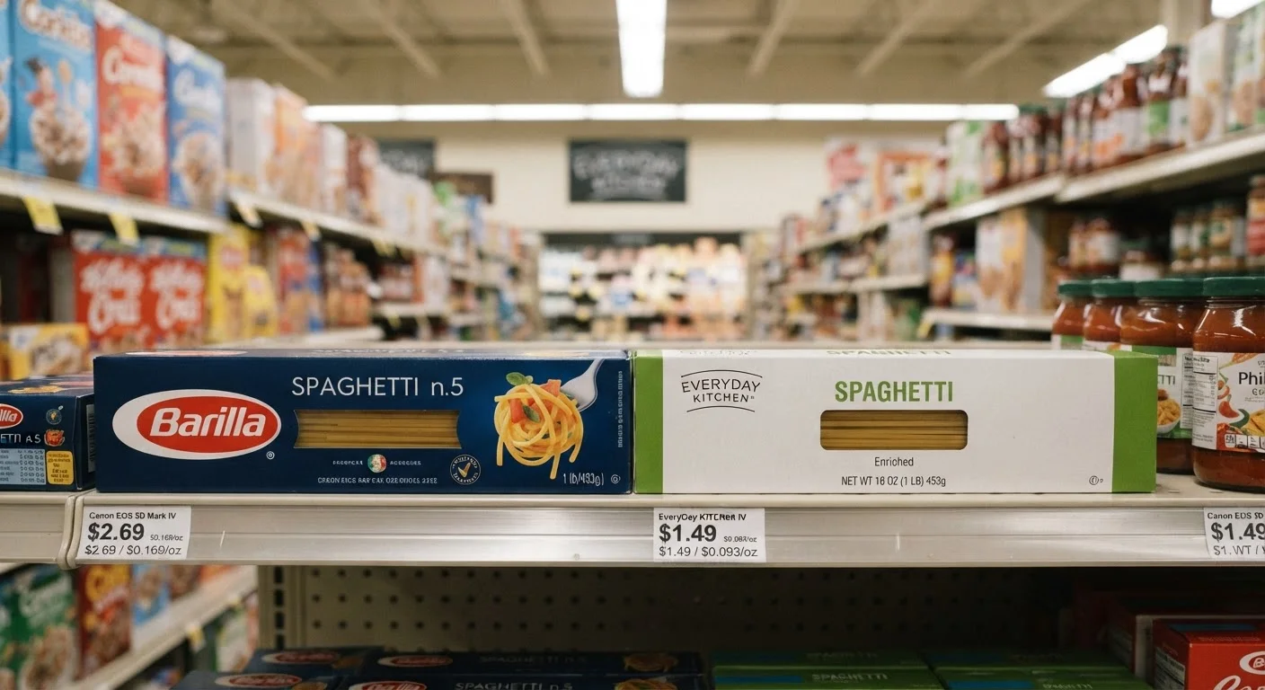 Supermarket shelf showing store brand and name brand products placed side by side.