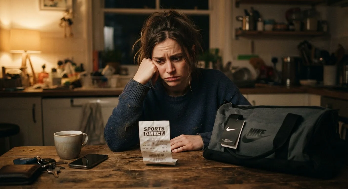 Person at kitchen table holding a receipt next to an unused gym bag, looking thoughtful