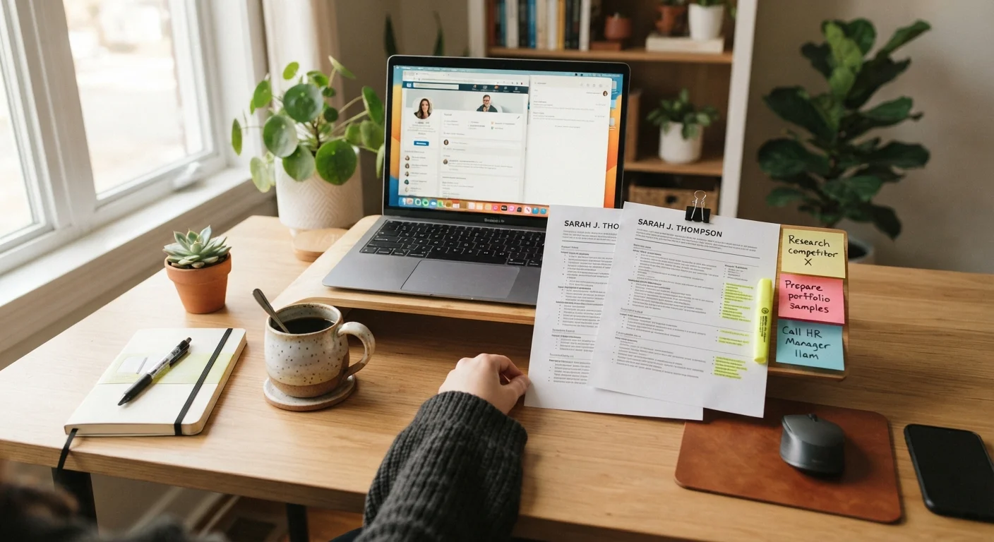 Organized desk with a laptop, printed resume drafts, and color-coded sticky notes for job application editing.