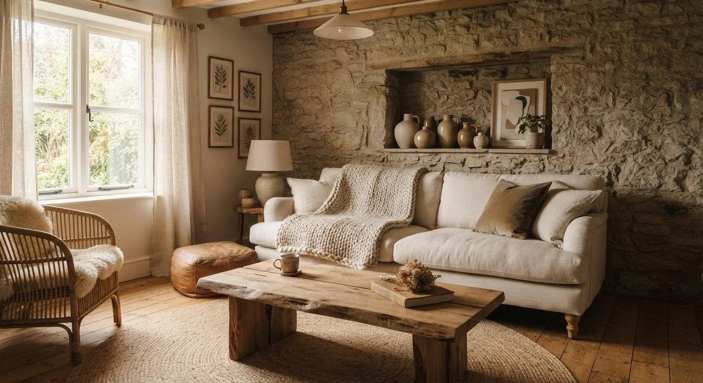 A layered living room interior with linen, jute, wood, and stone textures creating depth and warmth.