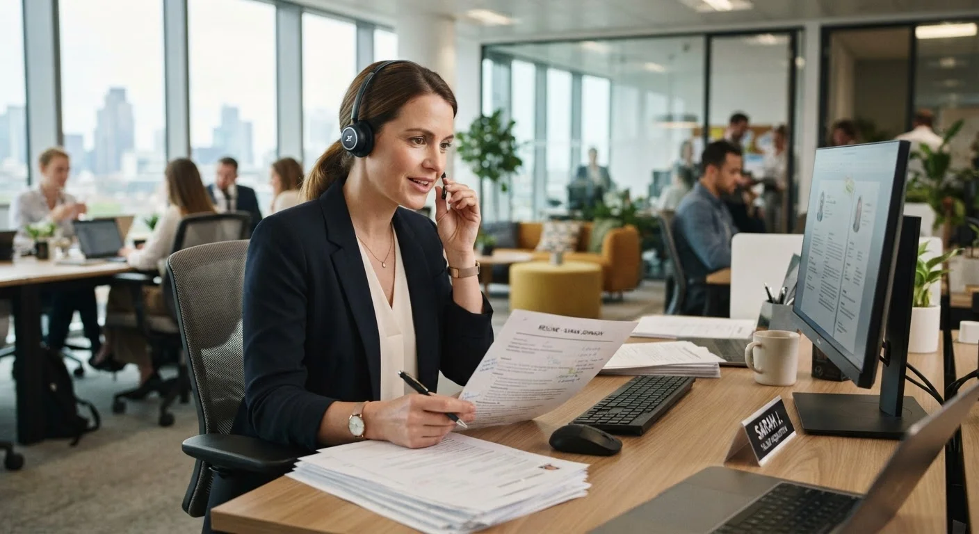 A recruiter reviewing candidate resumes at a modern office desk with a headset on