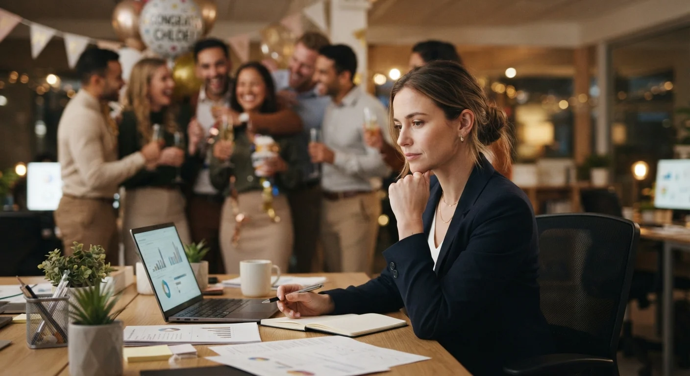 A thoughtful professional at their desk while colleagues celebrate a promotion nearby in an office