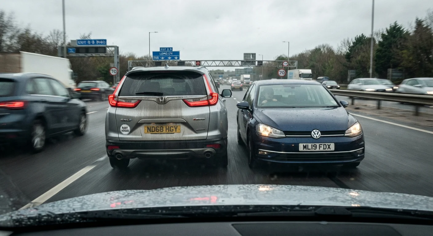 A car tailgating another vehicle at high speed on a busy American highway
