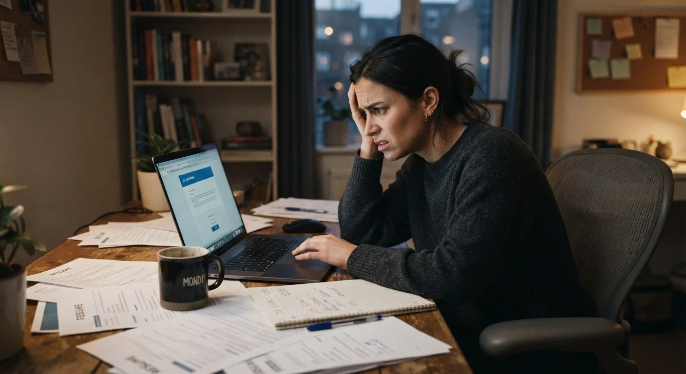 Frustrated job seeker sitting at desk staring at laptop with printed resumes nearby